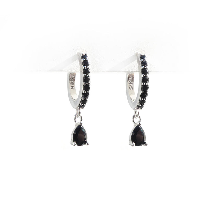 Black Drop Zircon Hoop Earrings - Sterling Silver