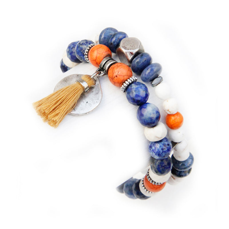 Boho Bracelet - White, Orange, Blue & Silver Plated (Tassel)