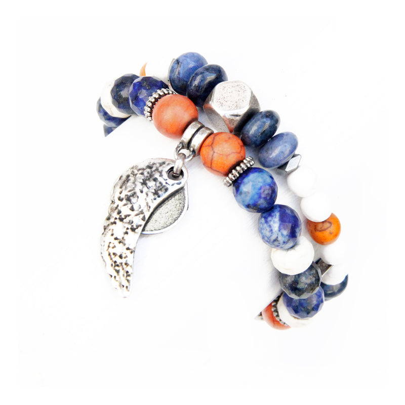 Boho Bracelet - White, Orange, Blue & Silver Plated (Wing)