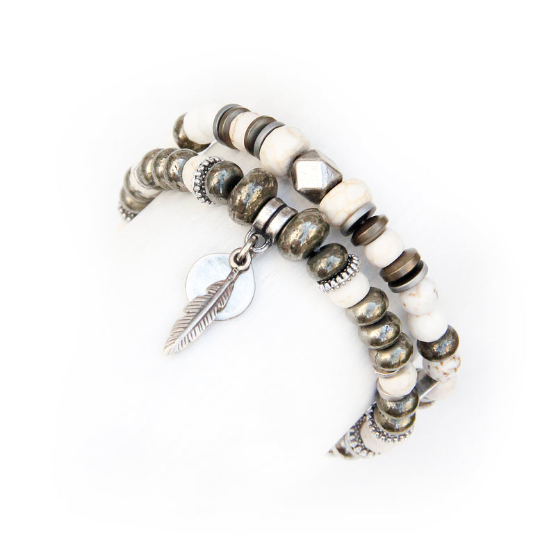 Mini Boho Bracelet - White, Pyrite & Silver Plated