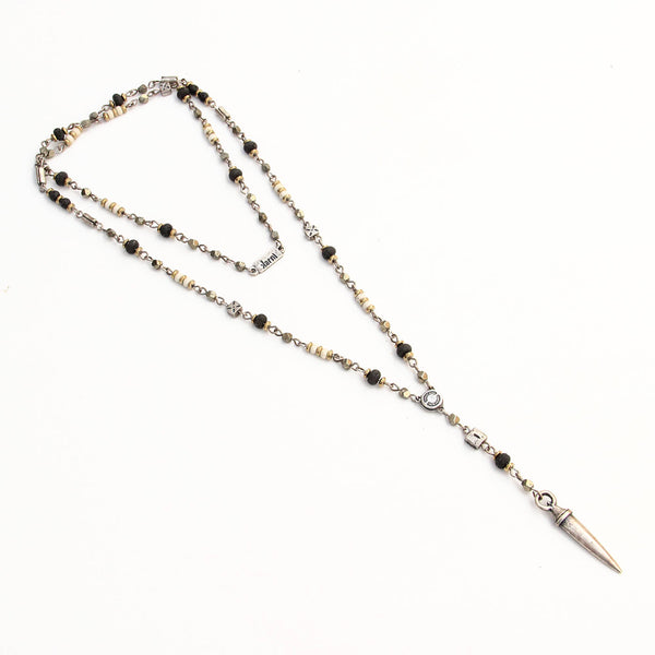 Rosary Necklace - Black, White & Silver Plated