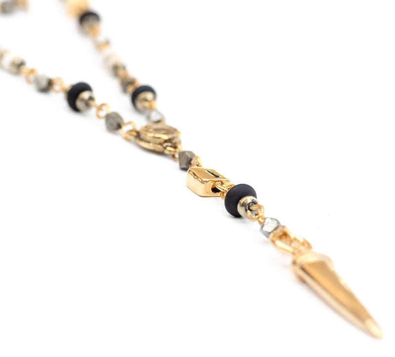 Rosary Necklace - Black, White & Gold Plated