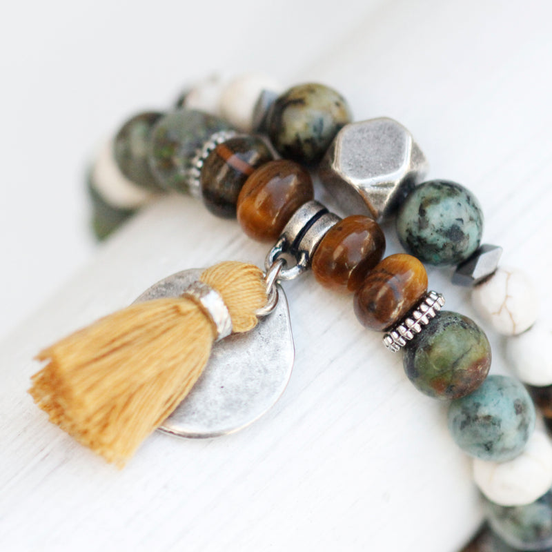 Boho Bracelet - White, African Turquoise, Brown & Silver Plated