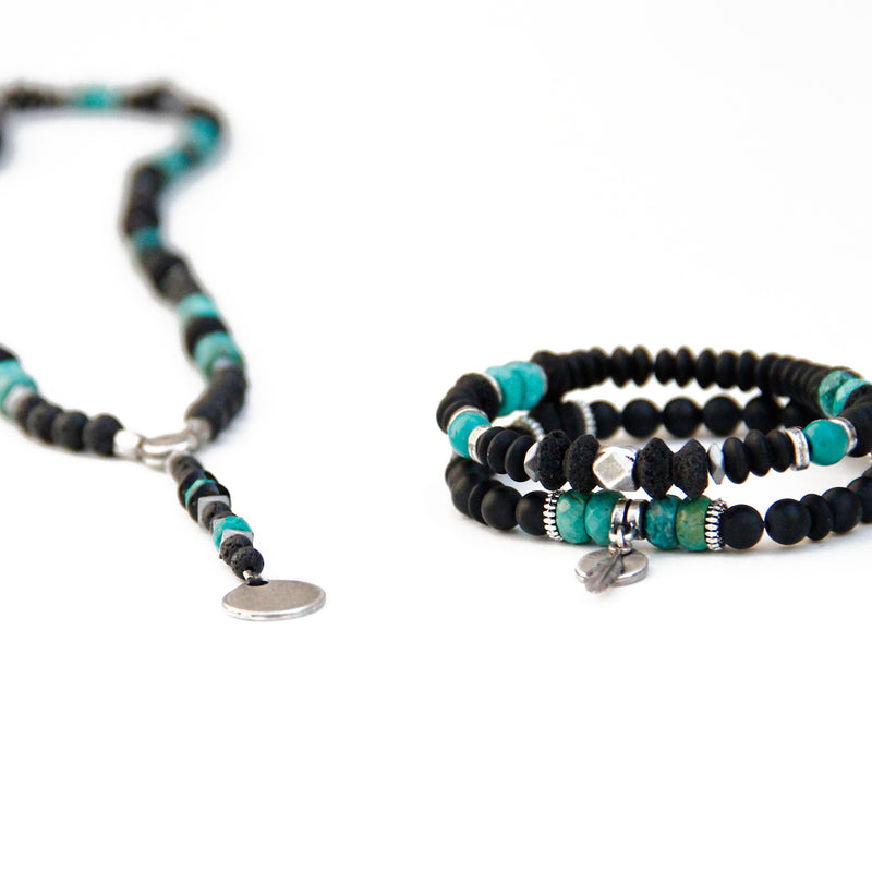 Boho Necklace - Black, Turquoise & Silver Plated