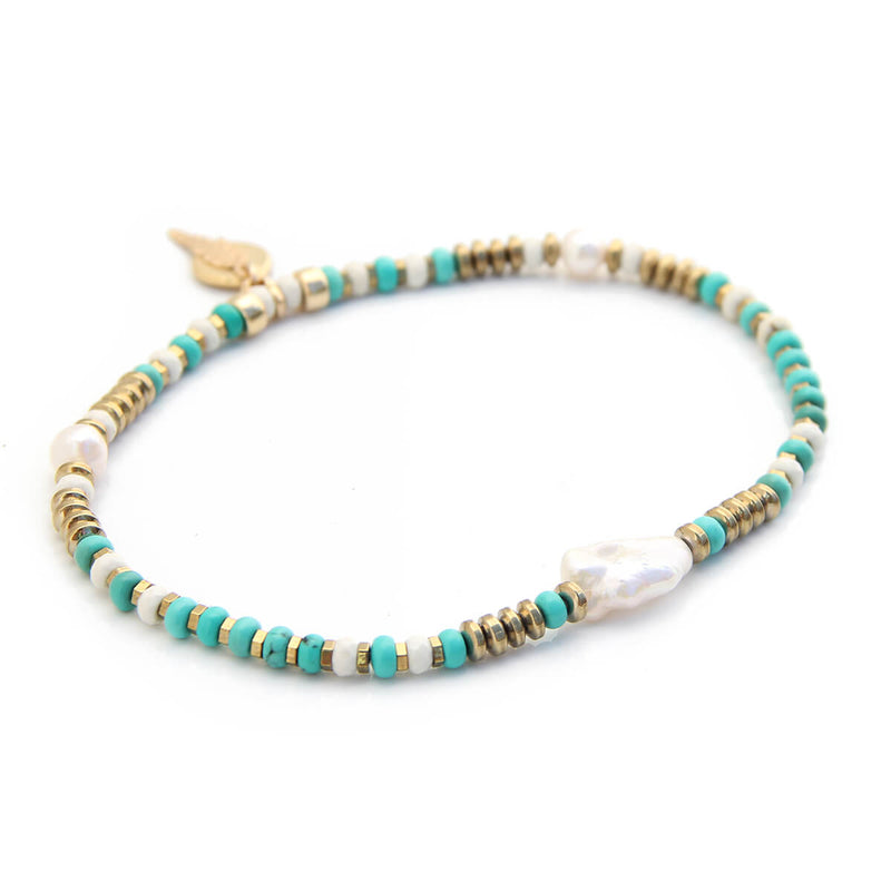 Cindy Anklet - Cream, Turquoise, Gold Plated