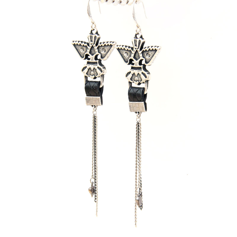 Wings & Leather Earrings - Silver Plated