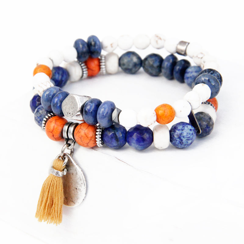 Boho Bracelet - White, Orange, Blue & Silver Plated (Tassel)