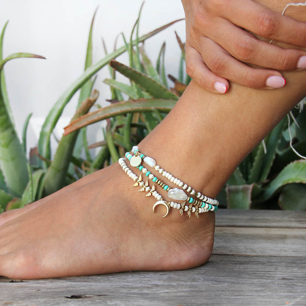 Brooke Anklet - Cream, Turquoise, Gold Plated