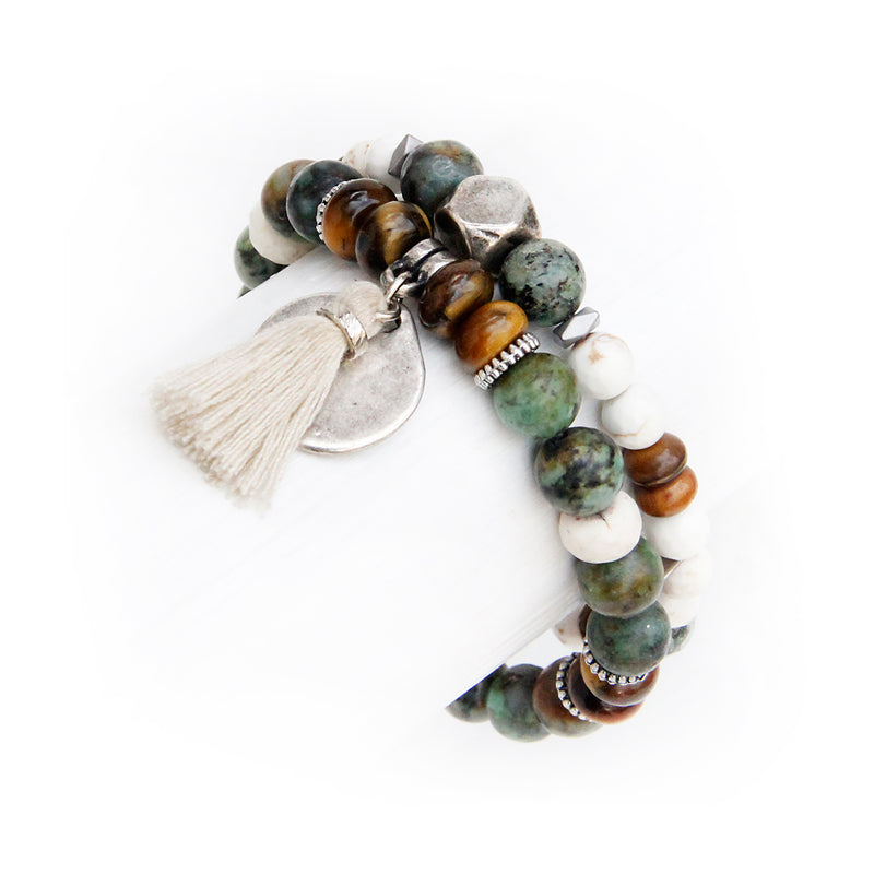 Boho Bracelet - White, African Turquoise, Brown & Silver Plated