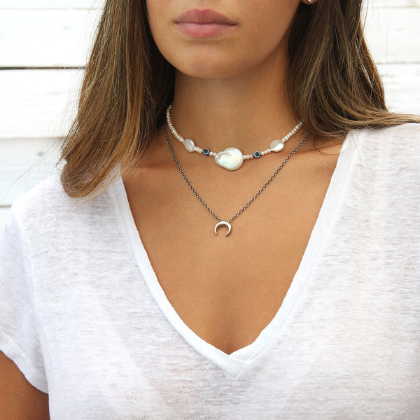 Blue Eyes Necklaces Stack - Sterling Silver, Natural Pearls