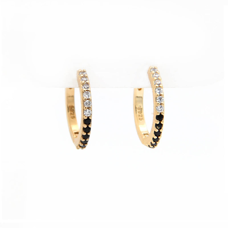 Sterling Silver Hoop Earrings with Black and clear Zircons - Micron Gold Plated