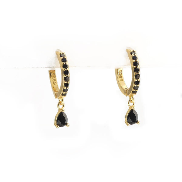 Black Drop Zircon Hoop Earrings - Sterling Silver, Gold Plated