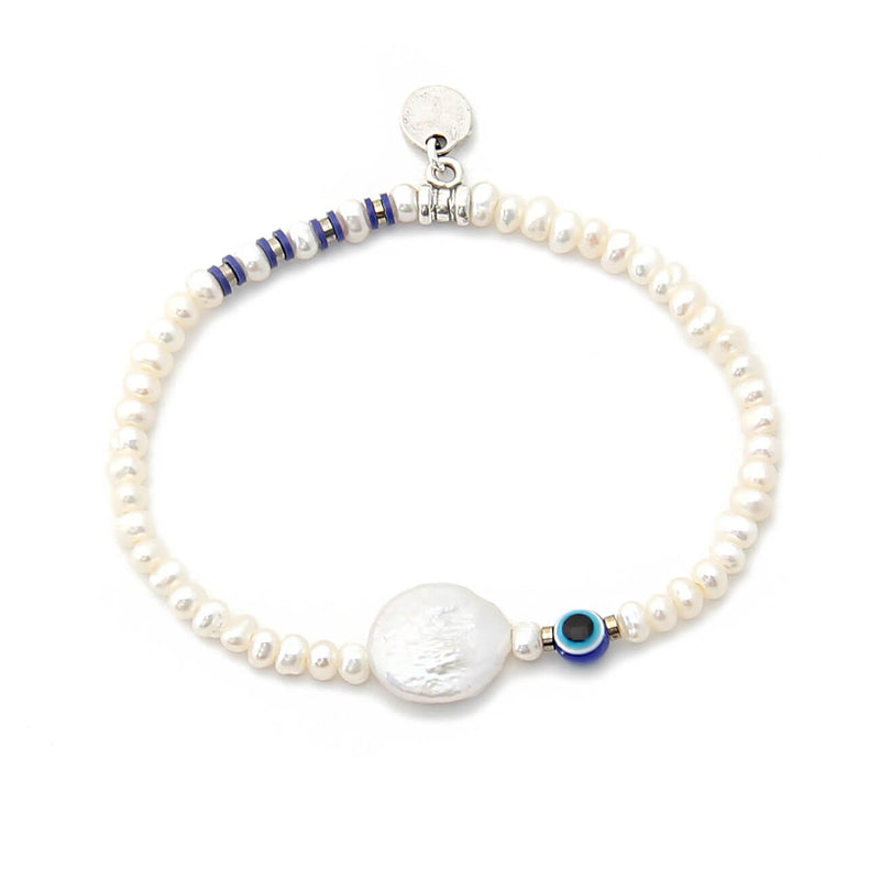 Blue Eye Bracelet - Sterling Silver, Pearls
