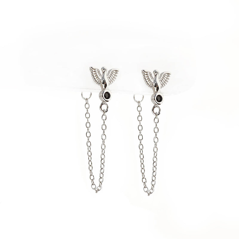Wings Earrings With Black Zircon - Sterling Silver