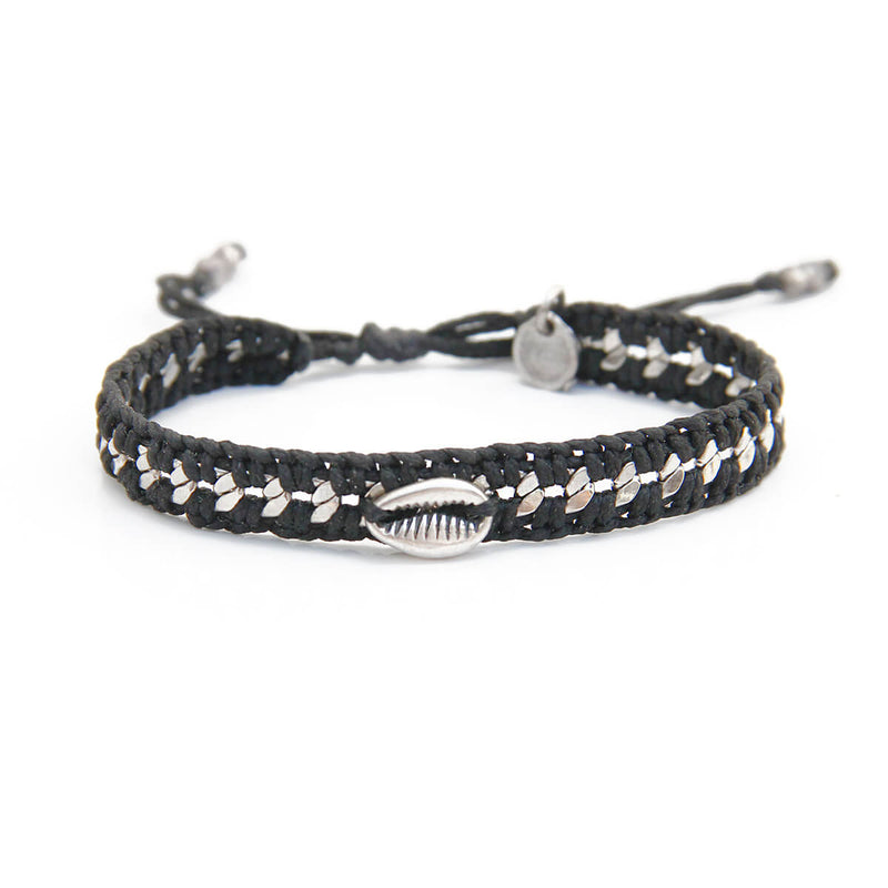 Karni Craft | Black & Silver Plated Hend-knotted Bracelet with Sea Shell 