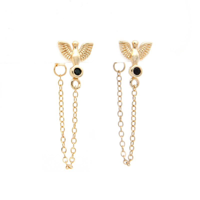 Wings Earrings With Black Zircon - Sterling Silver, Gold Plated